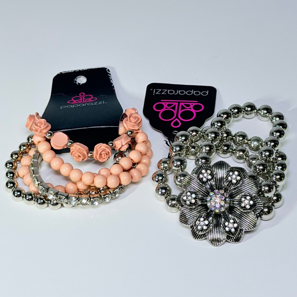 Paparazzi Rose Garden Grandeur Pink & Botanical Bravado Silver Bracelet Set